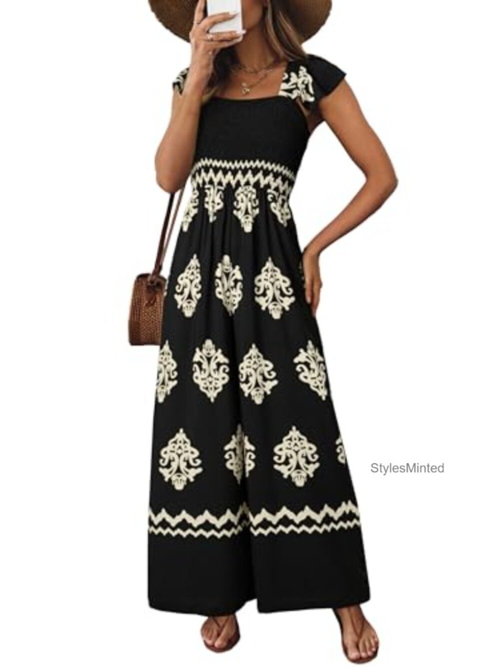 Women's Floral Print Wide Leg Jumpsuit Square Neck Smocked Cap Sleeve Pockets